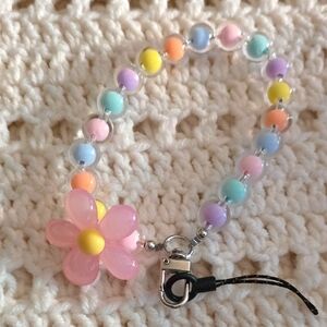Colorful Beaded Bracelet Keychain with Pink Flower Charm